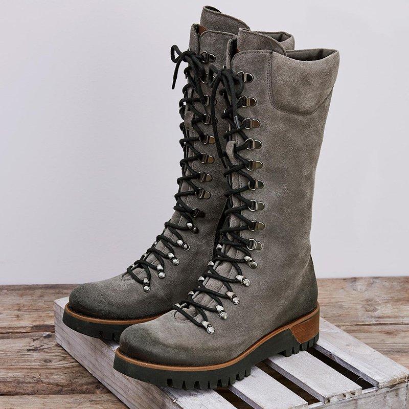 Winter Fashion Women's Mid-Calf Boots Round Toe Western Lace-Up Side Zipper Ladies Boots Comfortable Non-Slip Motorcycle Bootie