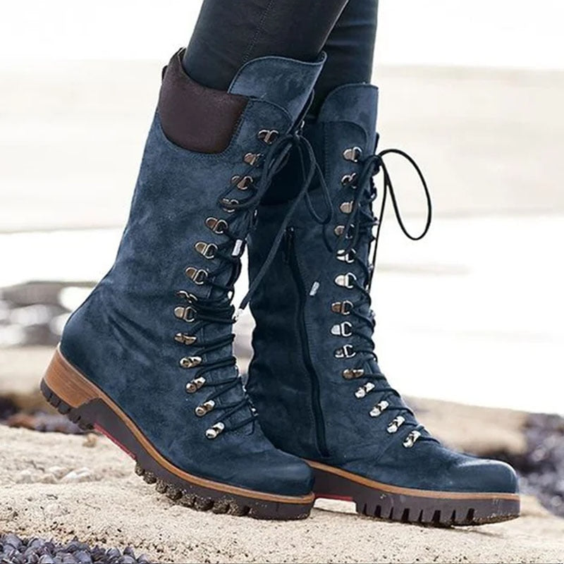Winter Fashion Women's Mid-Calf Boots Round Toe Western Lace-Up Side Zipper Ladies Boots Comfortable Non-Slip Motorcycle Bootie