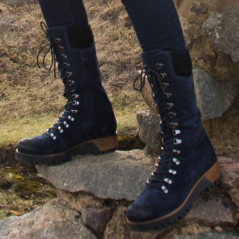 Winter Fashion Women's Mid-Calf Boots Round Toe Western Lace-Up Side Zipper Ladies Boots Comfortable Non-Slip Motorcycle Bootie