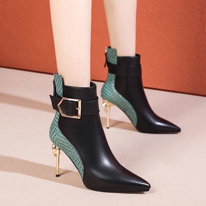 Winter Black Soft Leather Women's Boots Retro Belt Buckle Pointed Toe Boots Side Zipper High Heels Shoes for Women Party