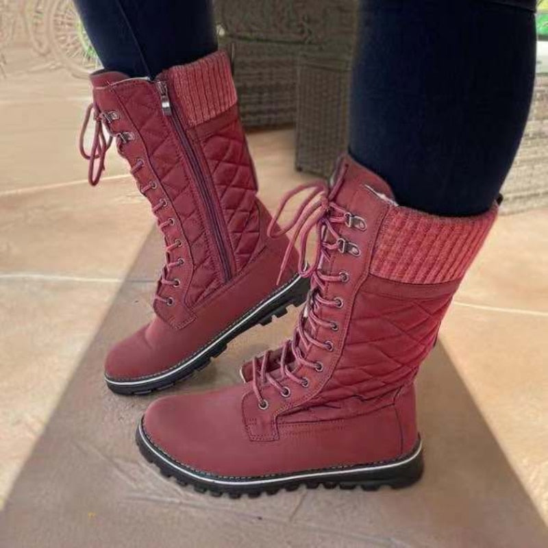 Women Mid Calf Boots Female Lace Up Cotton Shoes Winter High Tube Plus Velvet Front Lace-up Snow Boots Womens Boots Plus Size