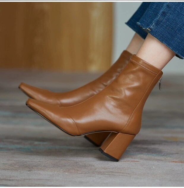 New 2020 simple PU women's boot back zipper square high heels solid pointed toe shoes party ball ankle boot black white brown