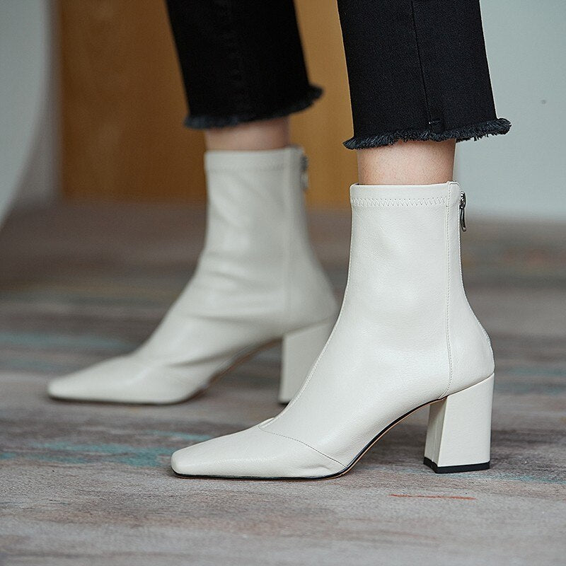 New 2020 simple PU women's boot back zipper square high heels solid pointed toe shoes party ball ankle boot black white brown