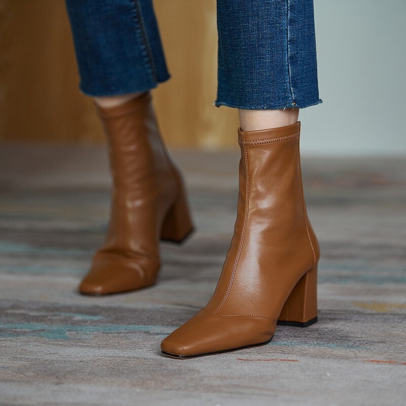 New 2020 simple PU women's boot back zipper square high heels solid pointed toe shoes party ball ankle boot black white brown