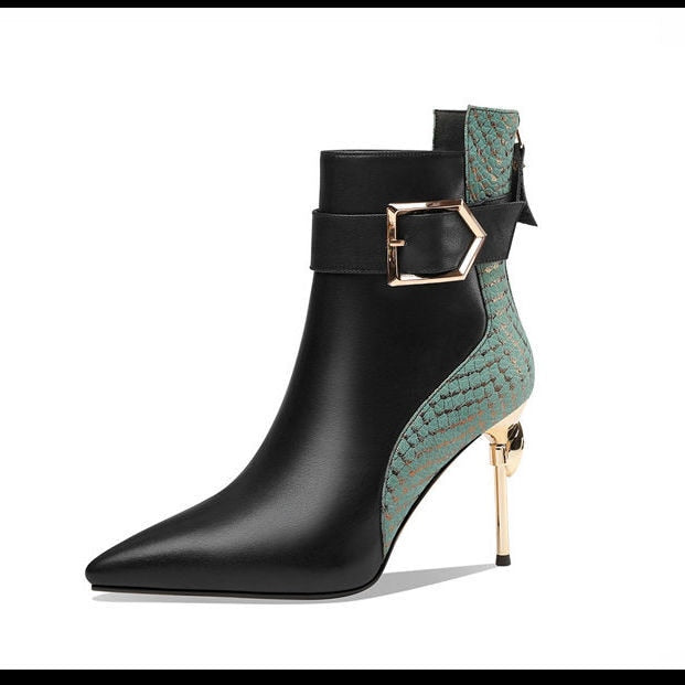 Winter Black Soft Leather Women's Boots Retro Belt Buckle Pointed Toe Boots Side Zipper High Heels Shoes for Women Party