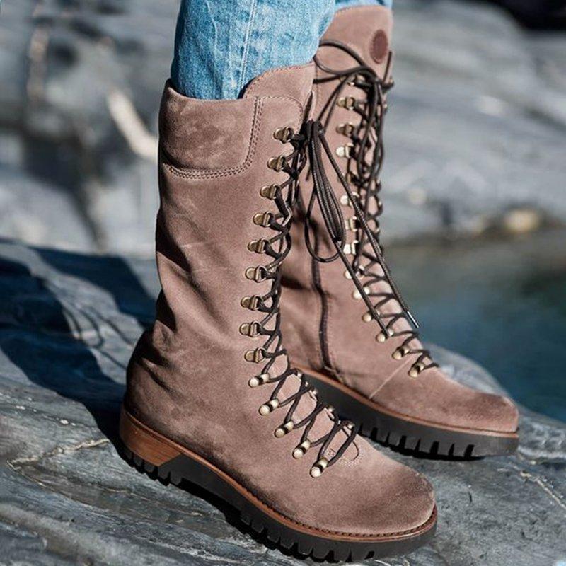 Winter Fashion Women's Mid-Calf Boots Round Toe Western Lace-Up Side Zipper Ladies Boots Comfortable Non-Slip Motorcycle Bootie