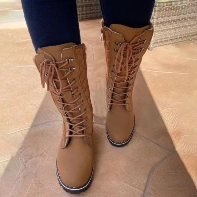 Women Mid Calf Boots Female Lace Up Cotton Shoes Winter High Tube Plus Velvet Front Lace-up Snow Boots Womens Boots Plus Size