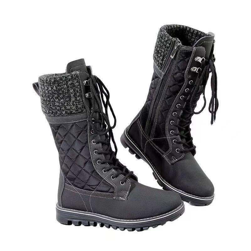 Women Mid Calf Boots Female Lace Up Cotton Shoes Winter High Tube Plus Velvet Front Lace-up Snow Boots Womens Boots Plus Size