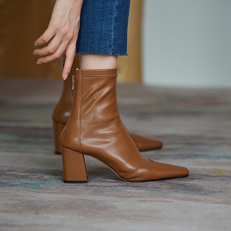 New 2020 simple PU women's boot back zipper square high heels solid pointed toe shoes party ball ankle boot black white brown