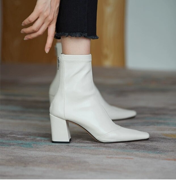 New 2020 simple PU women's boot back zipper square high heels solid pointed toe shoes party ball ankle boot black white brown