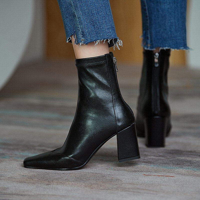 New 2020 simple PU women's boot back zipper square high heels solid pointed toe shoes party ball ankle boot black white brown