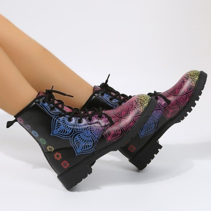 2022 New Printed Boots Women's Winter High-top Ankle Shoes Lace Up Women's Fashion Black Ankle Boots Plus Size 46