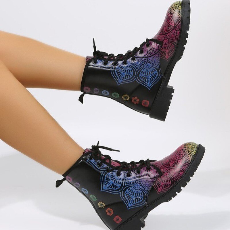 2022 New Printed Boots Women's Winter High-top Ankle Shoes Lace Up Women's Fashion Black Ankle Boots Plus Size 46