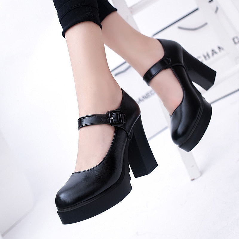 New Arrival Women Classic Pumps Shoes Spring Summer Black Leather Mary Jane Heels Fashion Buckle Platform Shoes Woman A046