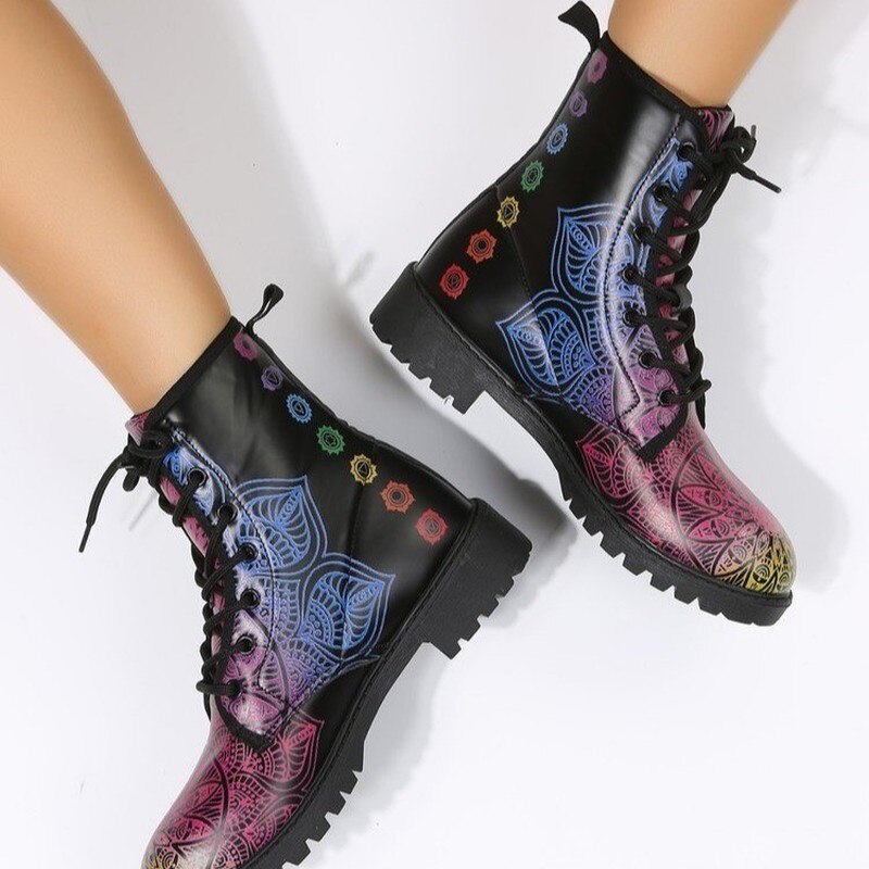 2022 New Printed Boots Women's Winter High-top Ankle Shoes Lace Up Women's Fashion Black Ankle Boots Plus Size 46