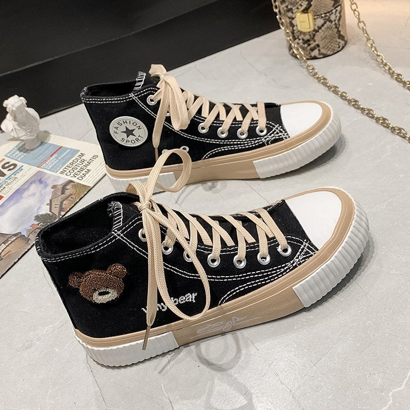 2022 Spring Summer Fashion New Bear Women Canvas Shoes High-top Canvas Shoes Lace Up Casual Sneakers Female Off White Shoes