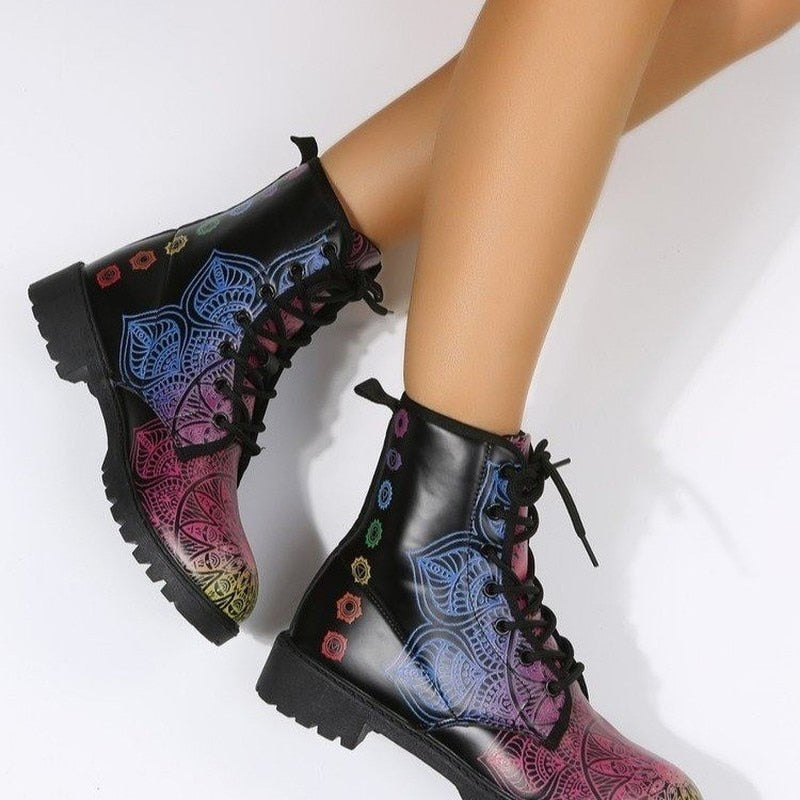 2022 New Printed Boots Women's Winter High-top Ankle Shoes Lace Up Women's Fashion Black Ankle Boots Plus Size 46