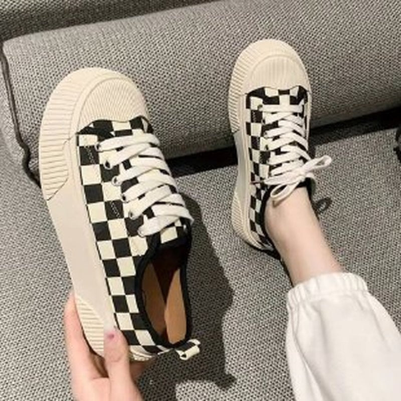 Plaid Print Cute Sneakers Black White Canvas Shoes 2023New Platform Flat Lace Up Tennis Shoes Casual Versatile Zapata's De Major