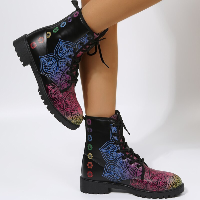 2022 New Printed Boots Women's Winter High-top Ankle Shoes Lace Up Women's Fashion Black Ankle Boots Plus Size 46