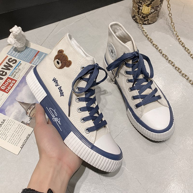 2022 Spring Summer Fashion New Bear Women Canvas Shoes High-top Canvas Shoes Lace Up Casual Sneakers Female Off White Shoes