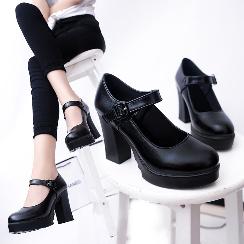 New Arrival Women Classic Pumps Shoes Spring Summer Black Leather Mary Jane Heels Fashion Buckle Platform Shoes Woman A046