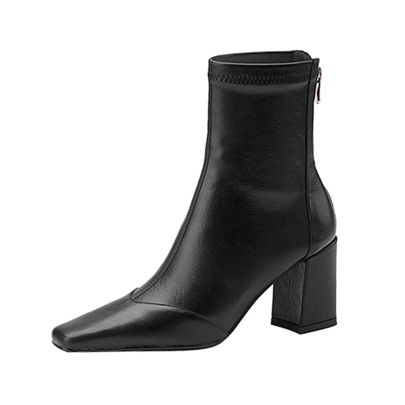 New 2020 simple PU women's boot back zipper square high heels solid pointed toe shoes party ball ankle boot black white brown
