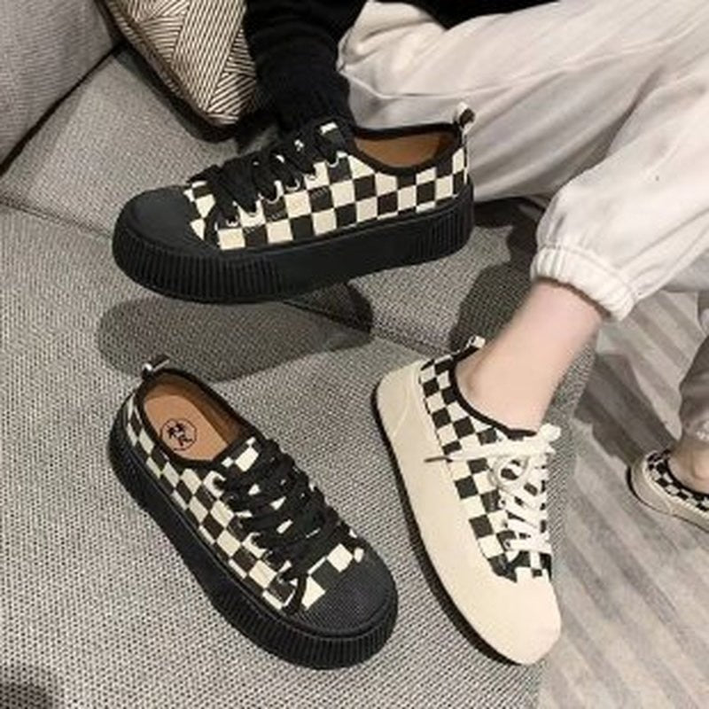 Plaid Print Cute Sneakers Black White Canvas Shoes 2023New Platform Flat Lace Up Tennis Shoes Casual Versatile Zapata's De Major
