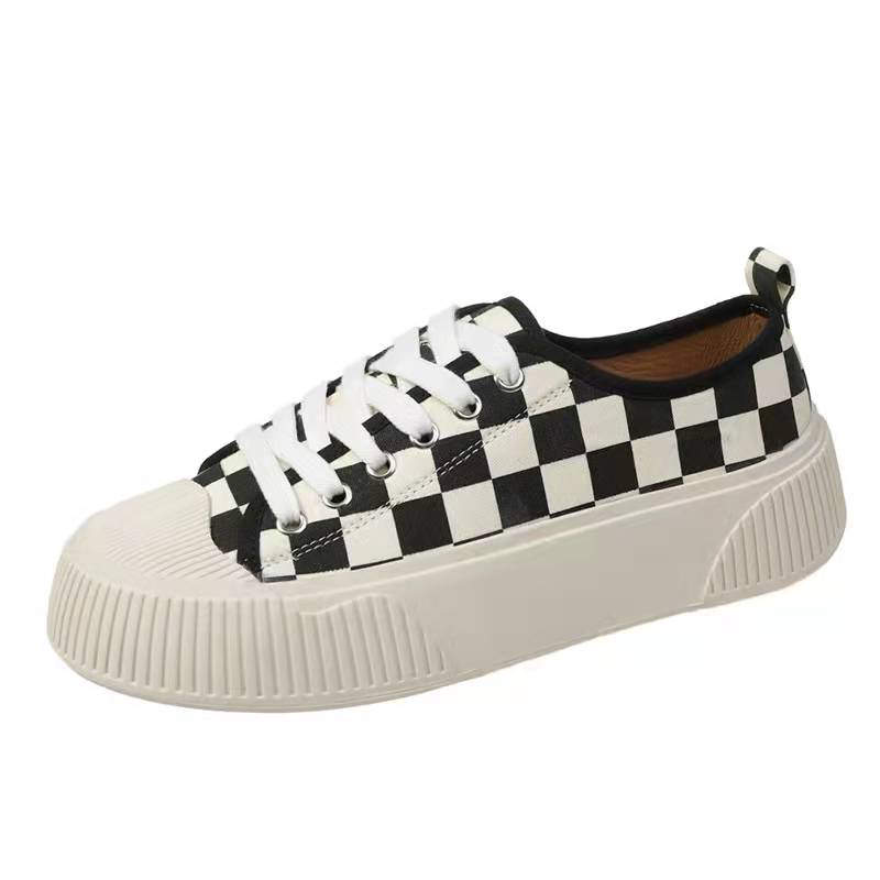 Plaid Print Cute Sneakers Black White Canvas Shoes 2023New Platform Flat Lace Up Tennis Shoes Casual Versatile Zapata's De Major