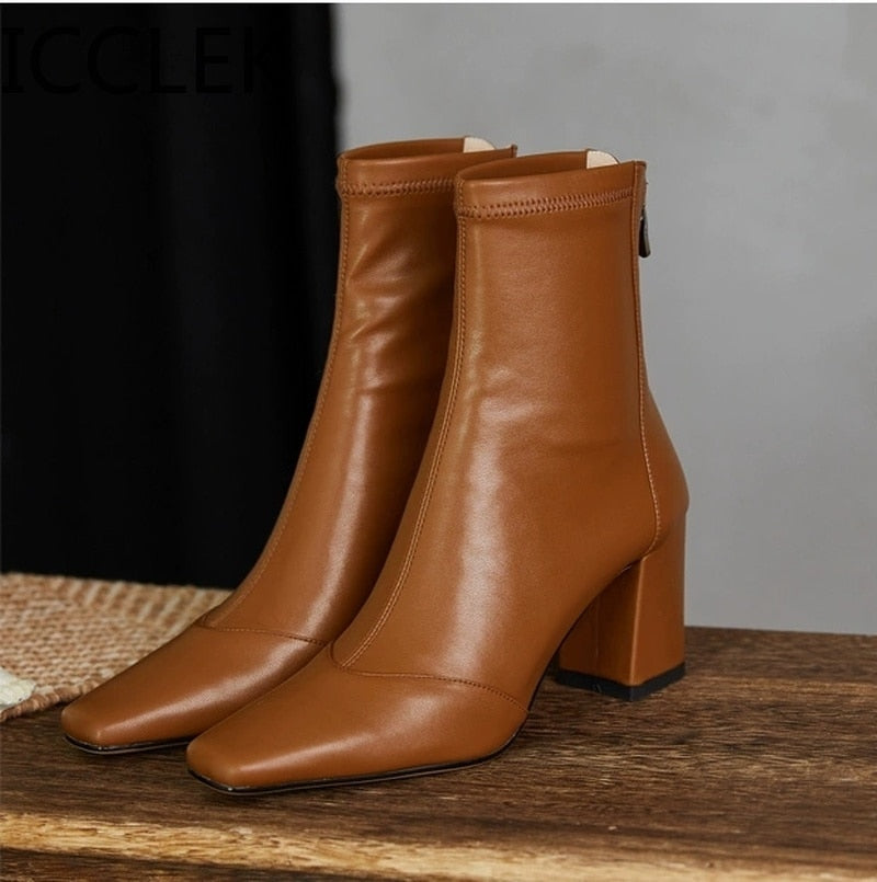 New 2020 simple PU women's boot back zipper square high heels solid pointed toe shoes party ball ankle boot black white brown
