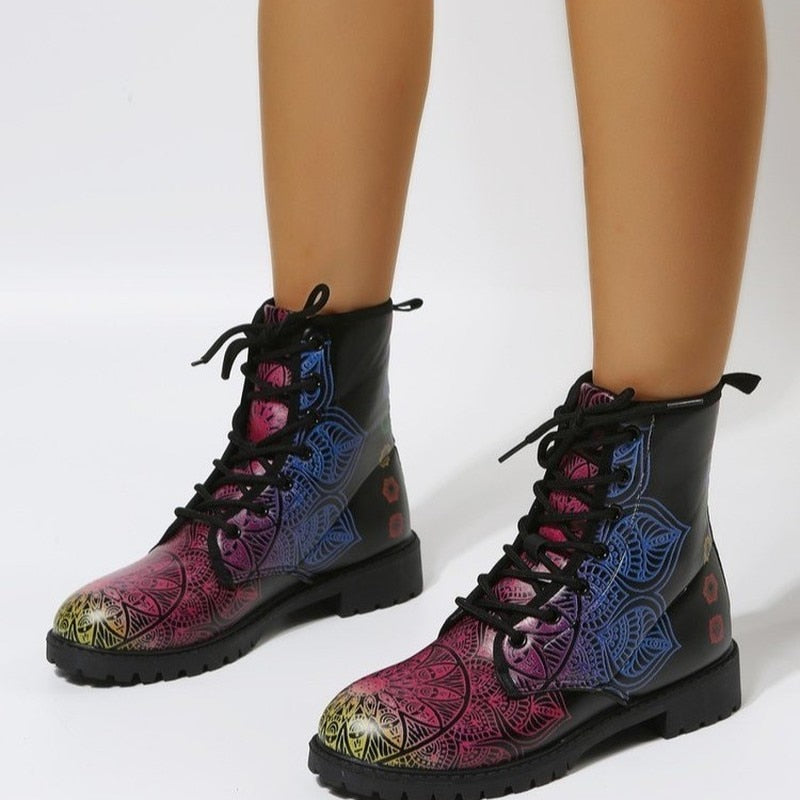 2022 New Printed Boots Women's Winter High-top Ankle Shoes Lace Up Women's Fashion Black Ankle Boots Plus Size 46