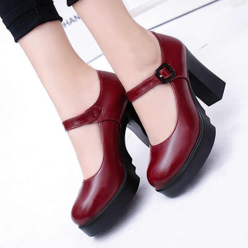 New Arrival Women Classic Pumps Shoes Spring Summer Black Leather Mary Jane Heels Fashion Buckle Platform Shoes Woman A046