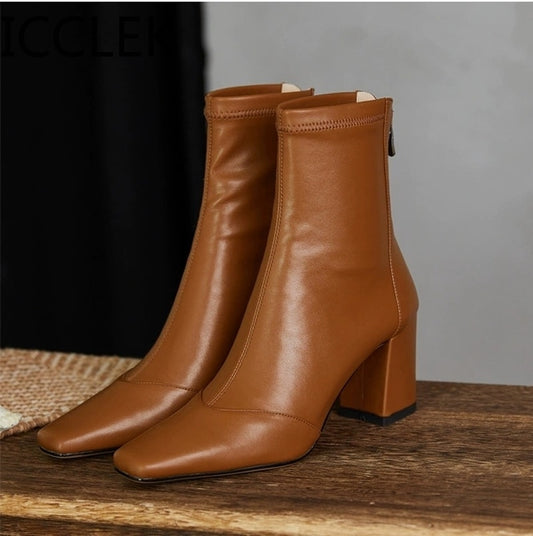 New 2020 simple PU women&#39;s boot back zipper square high heels solid pointed toe shoes party ball ankle boot black white brown